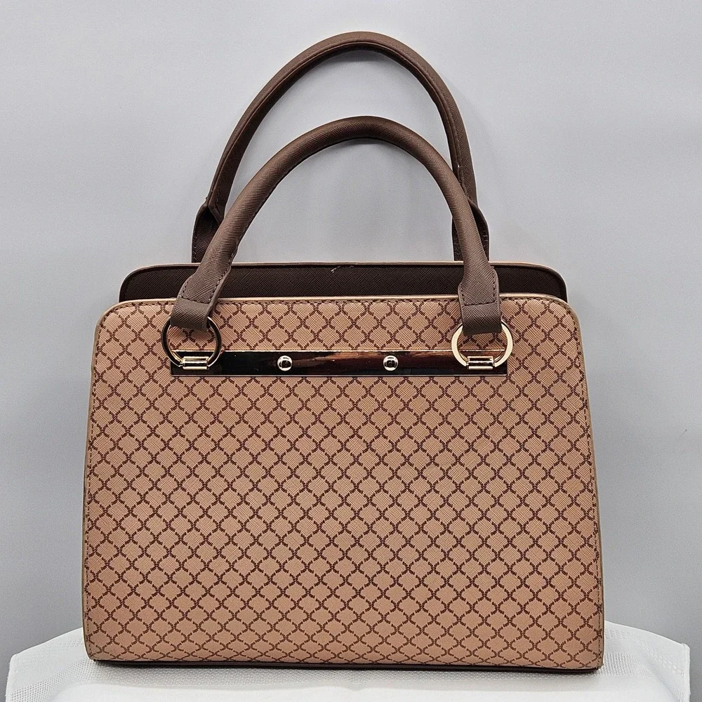 Crossi Brown Tan Geometric Lattice Satchel Double‎ Compartment Crossbody Bag